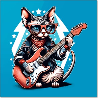 Devon Rex Cat Playing Guitar Posters and Art